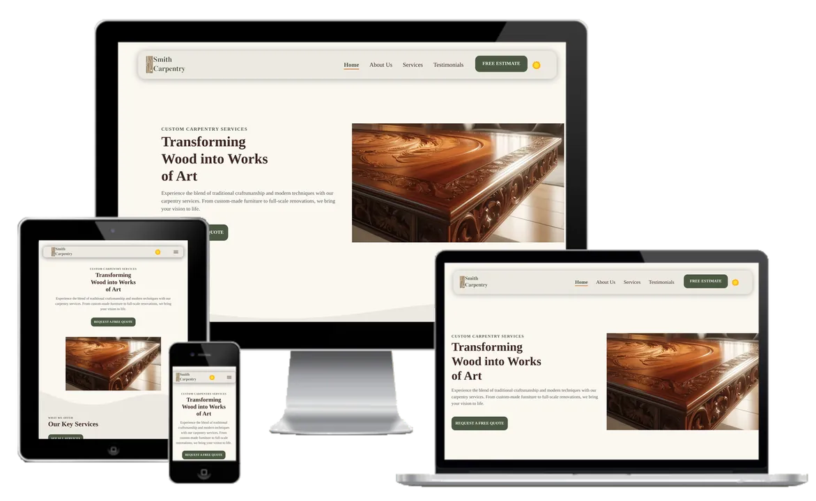 Preview of Smith Carpentry's website on 4 screen sizes.