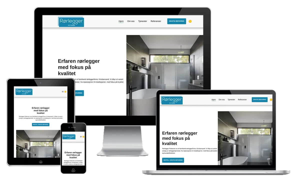 Forhåndsvisning av Rørlegger Pettersen sitt nettsted på 4 skjermstørrelser 