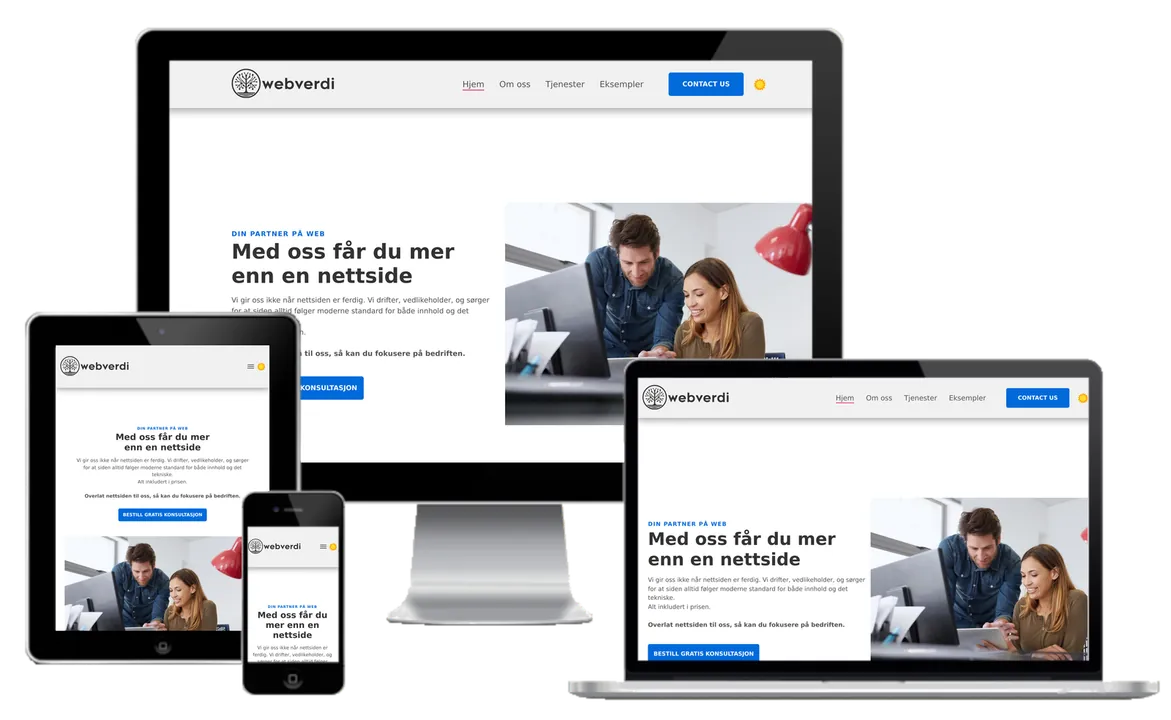 Forhåndsvisning av Webverdi sitt nettsted på 4 skjermstørrelser 
