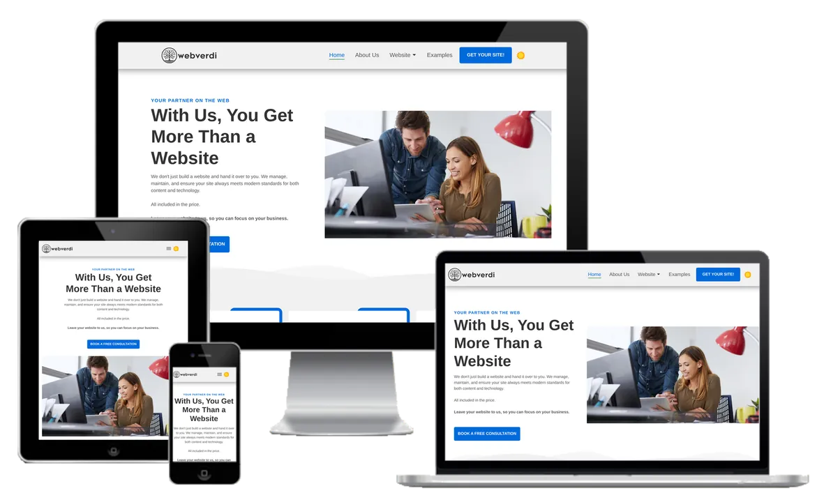 Preview of Webverdi's website on 4 screen sizes.